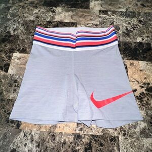 Nike Pro DRI Fit  Gray pink and blue Shorts 3”w/Red Swoosh and Striped Waistband